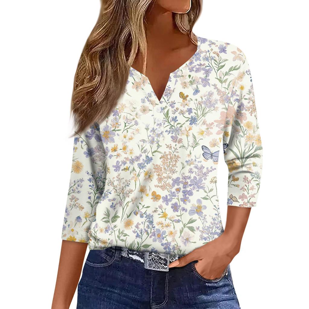 Women's Fashion Button V-Neck Seven Sleeve Vintage Floral Print Casual Top