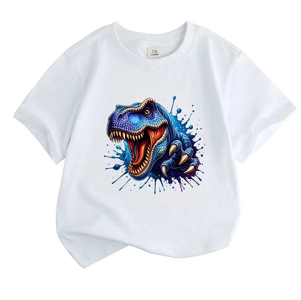 Kids Boys Girls 100% Cotton Crew Neck Short Sleeve T-Shirt, Cool Blue T-Rex Dinosaur Print Casual Soft Breathable Tee for Daily Play Outdoor Wear