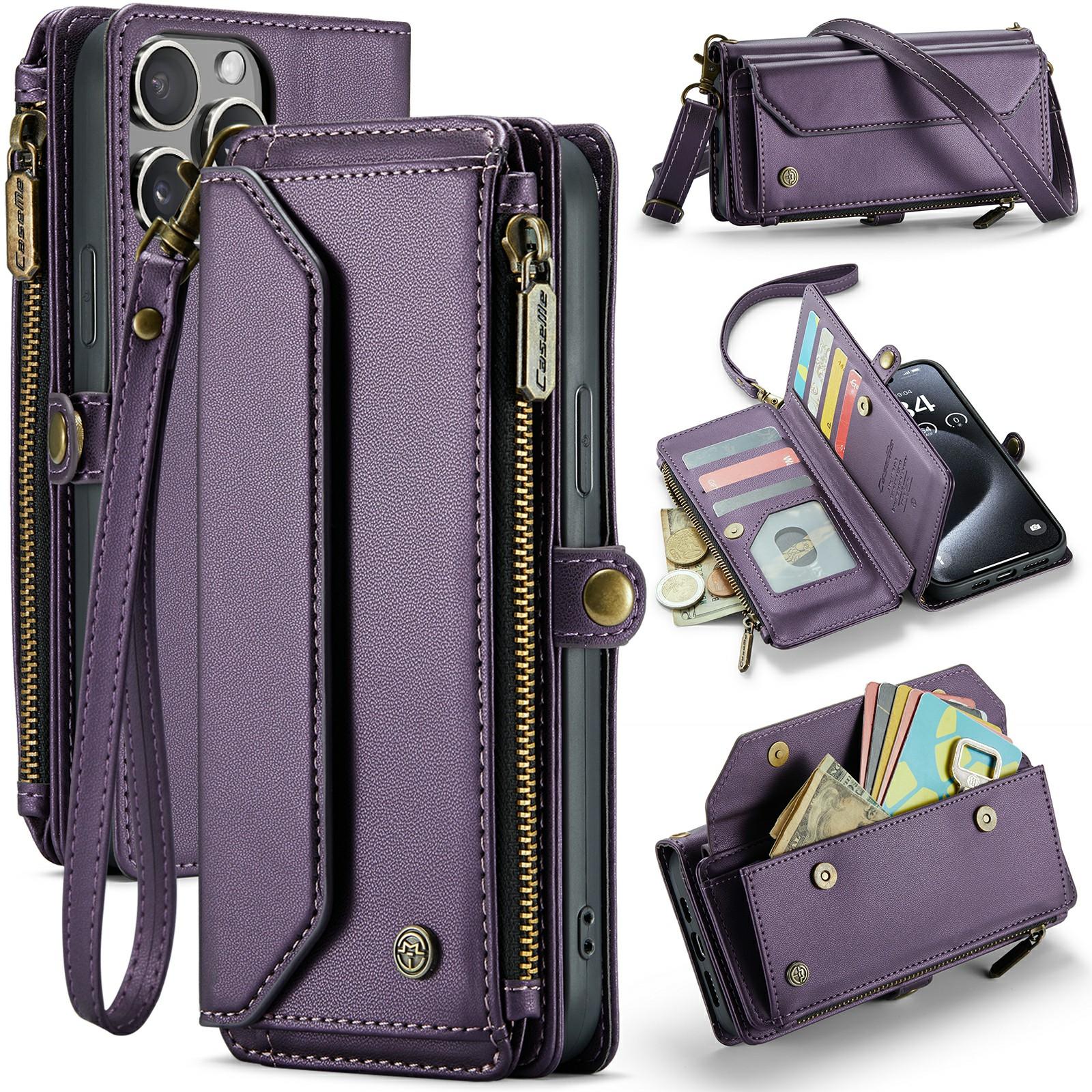 

For iPhone 16 Pro Max Leather Case CASEME C36 Zipper Multiple Card Slots Phone Cover with Straps A