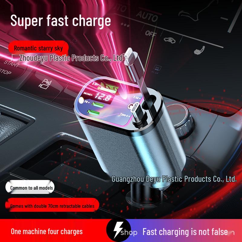 Hvězdná obloha Projektorové světlo 4 v 1 120W Nabíječka do auta s vysouvacím kabelem a rychlým nabíjením Digitální displej