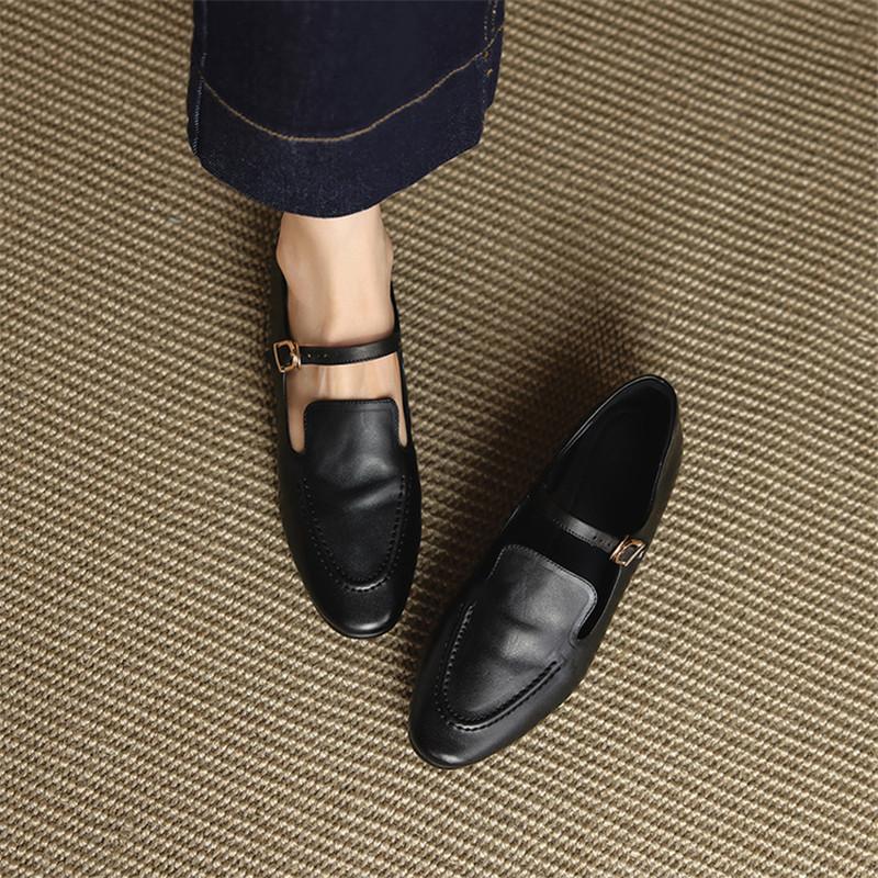 Mode Nouvelles Chaussures Femme en Cuir Véritable Printemps/Automne Bout Rond Chaussures Mary Jane pour Femmes Mode Rétro Boucle Talon Bas Plat Escarpins Femme