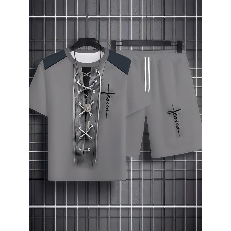 Stylish Men's Printed Fun Set, Oversized T-shirt and Shorts for Shopping and Travel PLUS SIZE