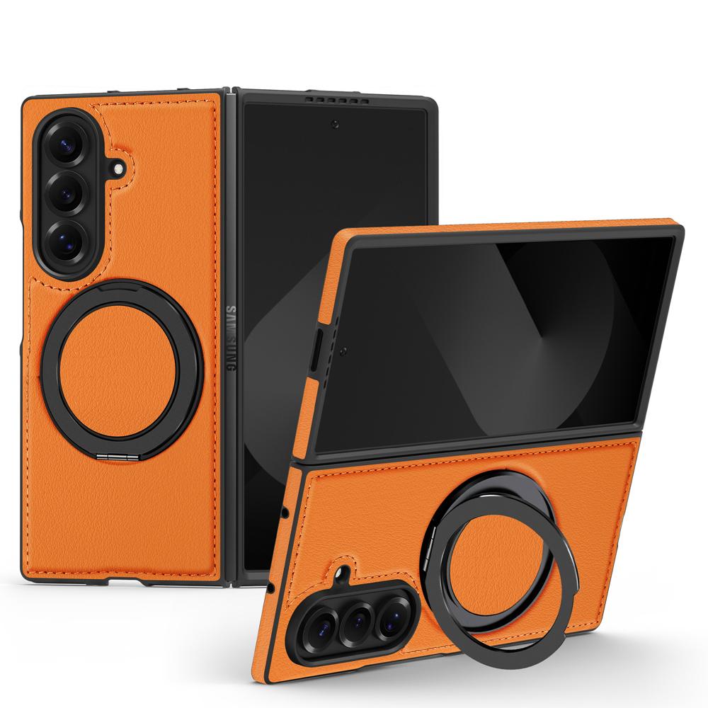 KEYSION 360° Rotating Magnetic Ring Stand PU Leather Case for MagSafe for Samsung Z Fold 7 5G Wireless Charging Phone Back Cover