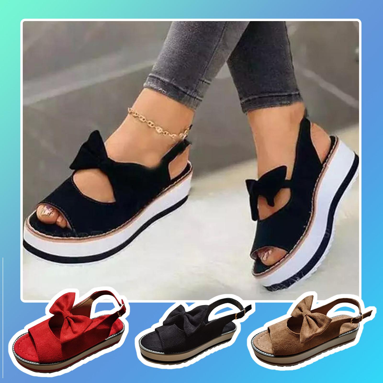 

Women s Sandals Fish Mouth Slope Heel Low Top Thick Bottom Beach Bow Sandals