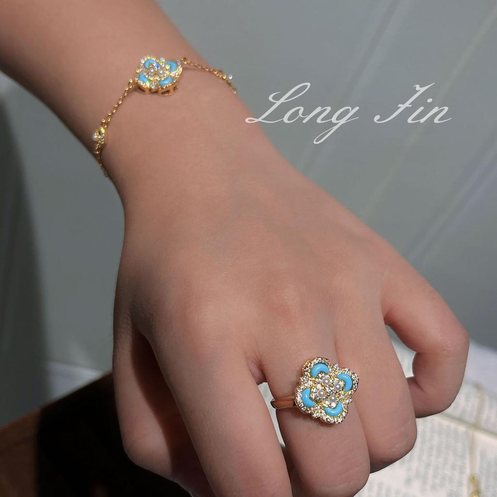 Light Luxury Retro Court Style Turquoise Imitation Pearl Four-Leaf Clover Necklace Bracelet Ring Light Luxury High-End Set