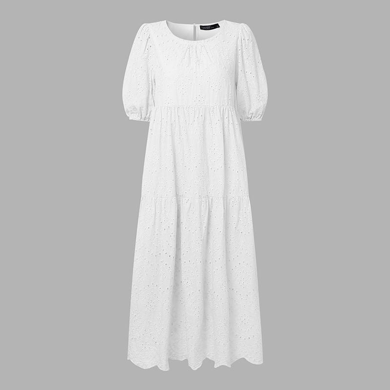 ZANZEA Women Casual Round Neck Lace Crochet Patchwork Summer Half Sleeve Dress