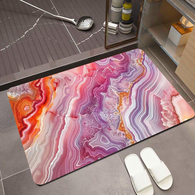 Pink Purple Agate Fluid Bath Mat Vibrant Mineral Swirl Pattern Non-Slip Quick Dry Floor Rug