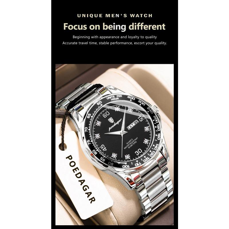 POEDAGAR Fashion Luxury Man Clock Waterproof Luminous Date Week Wristwatch Stainless Steel Quartz Business Watches for Men