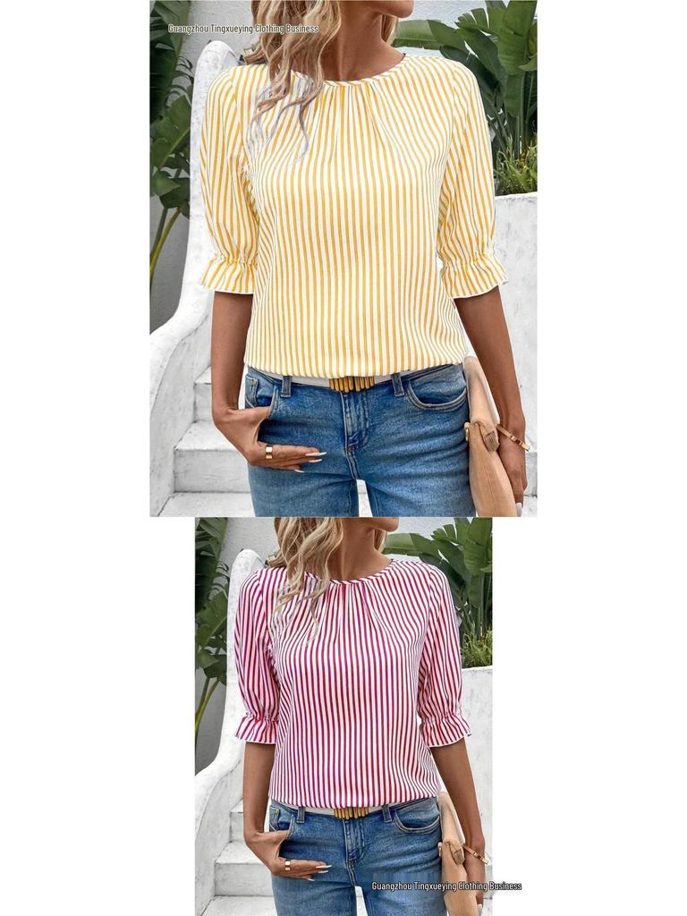 2026 Fashion Blue Striped Button-Design Shirt: European & American Style