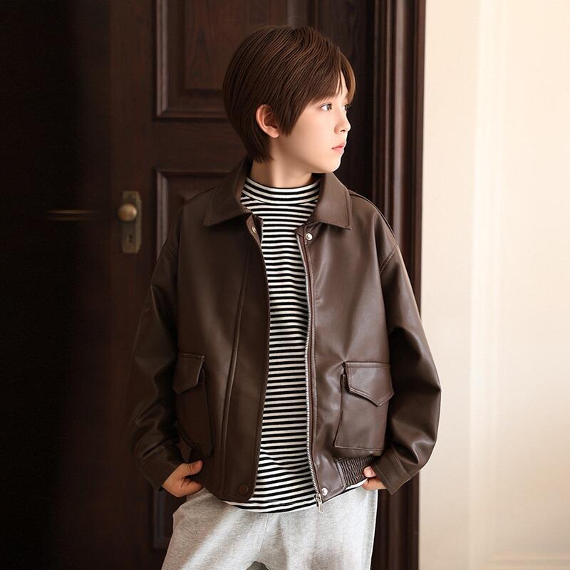 Children's Retro Leather Jacket: Stylish Spring/Fall Boys' Motorcycle-Style PU Leather Jacket