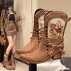 New retro ethnic style embroidery printed Martin boots women's pointed head thick heel medium tube women's boots knight boots