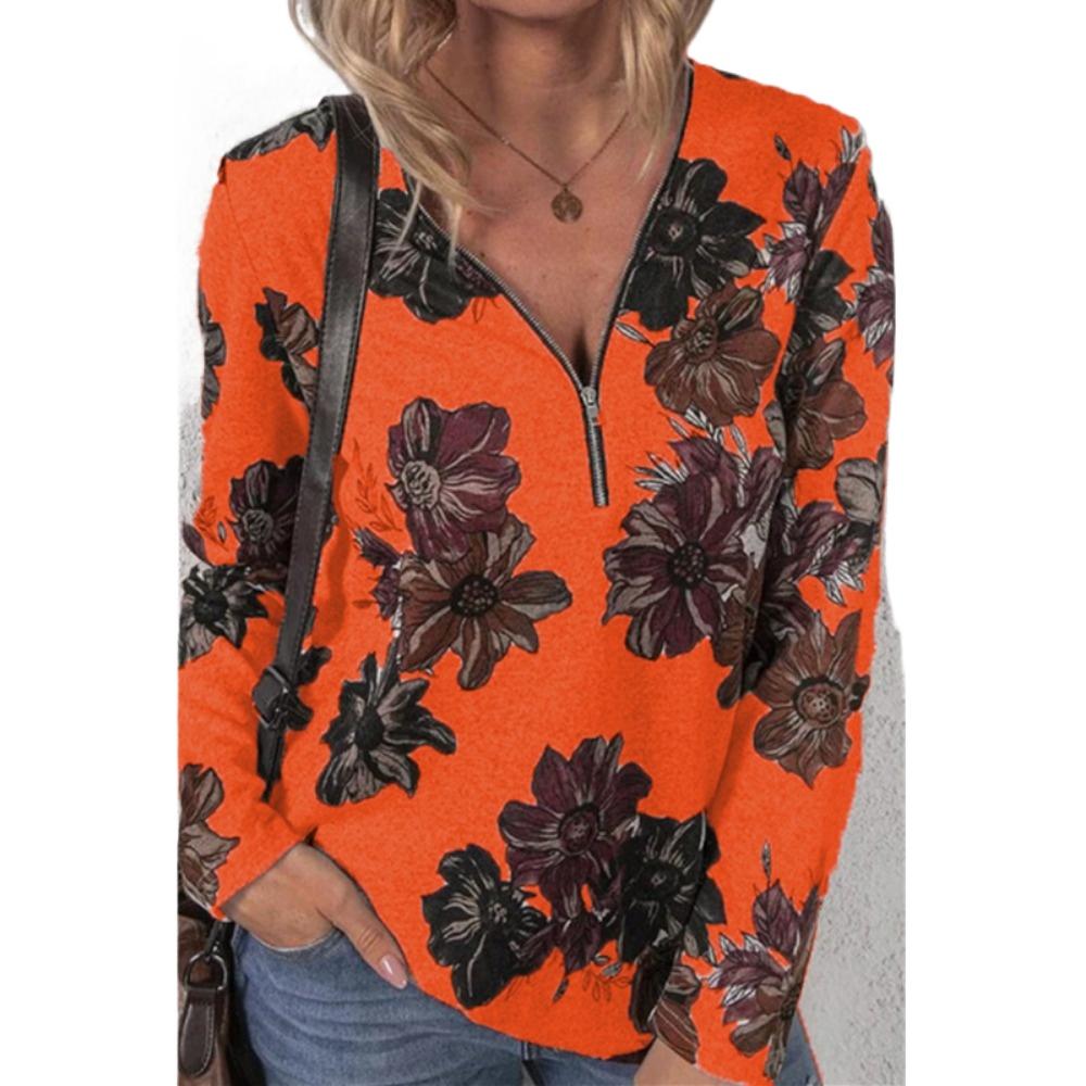 HNXC Women's Fashion Casual Autumn Winter Floral Print Long Sleeve Zip Collar Blouses & Shirts
