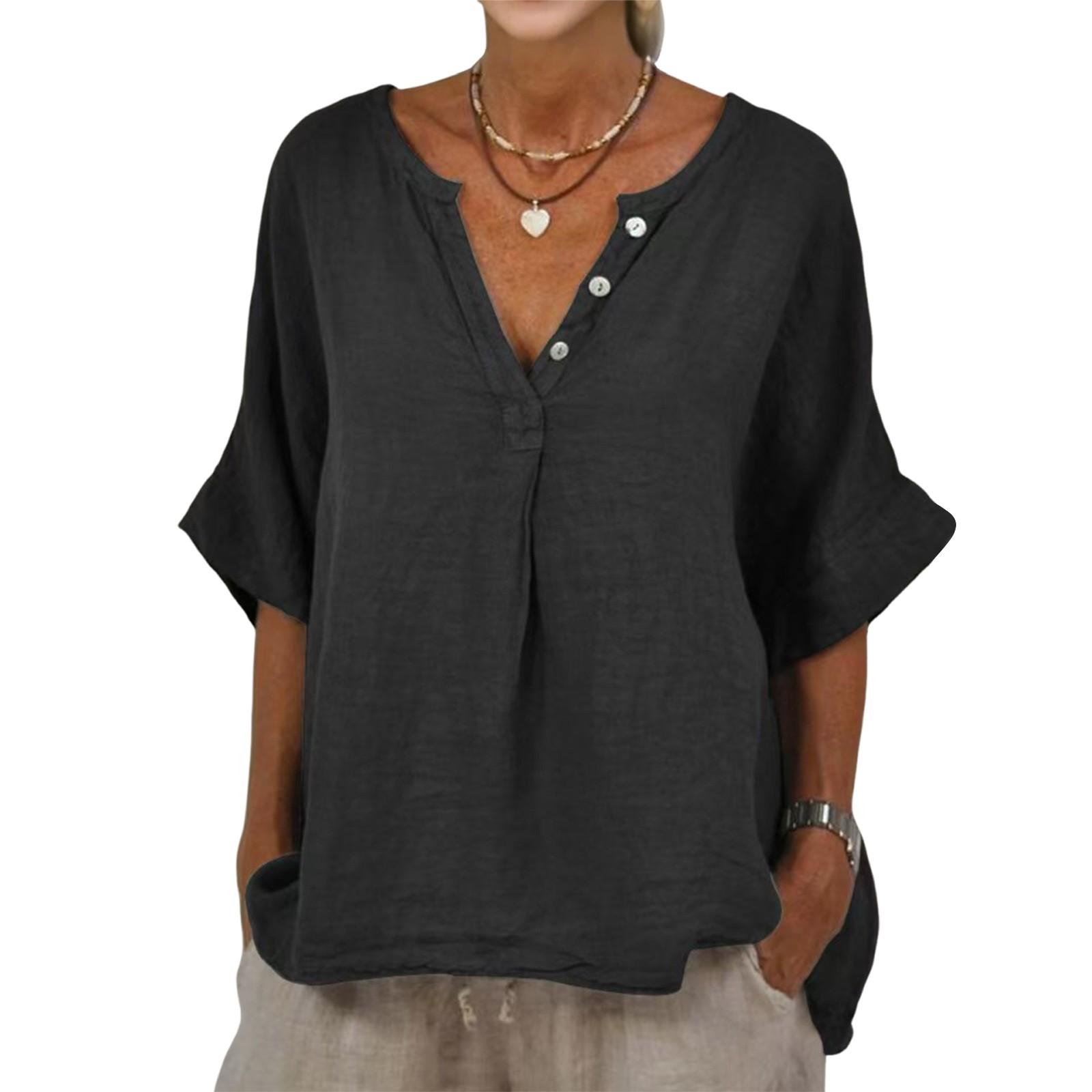 

Женская повседневная свободная модная рубашка со средним рукавом из хлопка и льна, однотонная, с V-образным вырезом и застежкой на пуговицы XXL чёрный