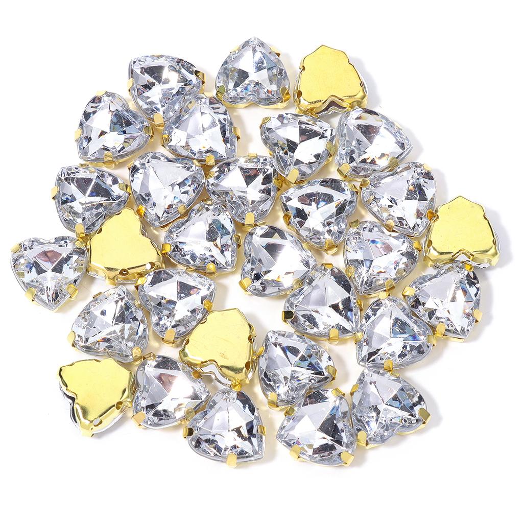 30pcs/lot 10/12mm Heart Shape Acrylic Sew On Rhinestones Stainless Steel Golden Claw Beads For DIY Clothes Jewelry Decoration
