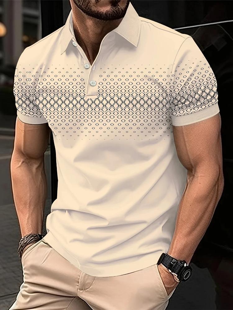Summer Men's Slimming Diamond Pattern Printed Short-Sleeved Polo Shirt Simple Shirt Breathable and Comfortable Men's Clothing