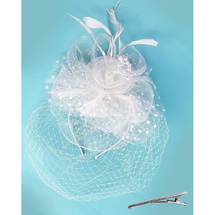Fascinators Hat for Women Tea Party Funeral Veil Mesh Hats Wedding Lace Gloves Set for Cocktail First Communion