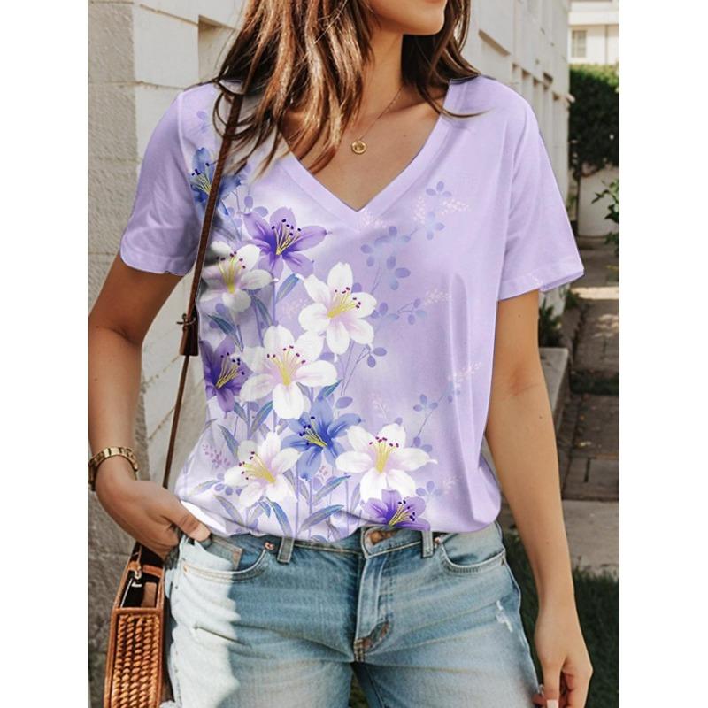 Summer Female Commuting Elegant V-neck Short Sleeved Purple Big Flower