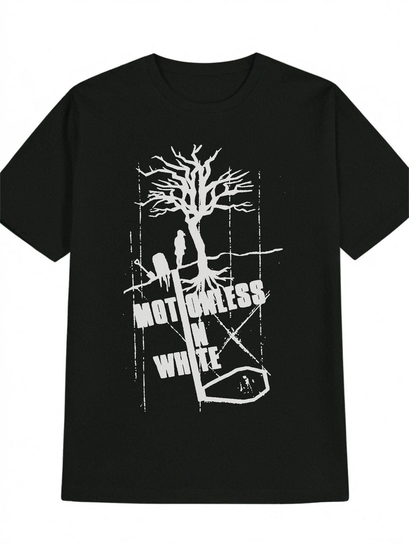 

Casual Graphic T-shirt with Motionless in White Distressed Print & Spooky Tree Silhouette Design - Black Round Neck Summer Tee XL