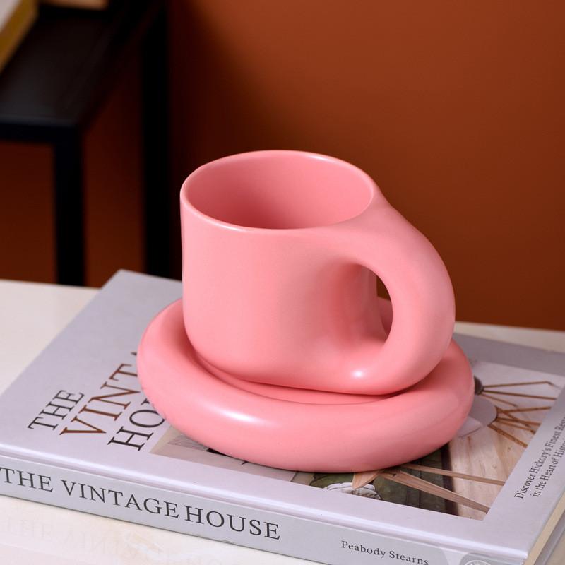 Ceramic Coffee Mug With Saucer Set Novelty Cute Fat Handle Cup  For Office And Home For Latte Tea Milk