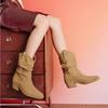 Fashion Women Chunky Heeled Western Boots Faux Suede Ankle Boots Woman Autumn Vintage Loose Tube Pleated  Mid Calf Cowboy Botas Mujer