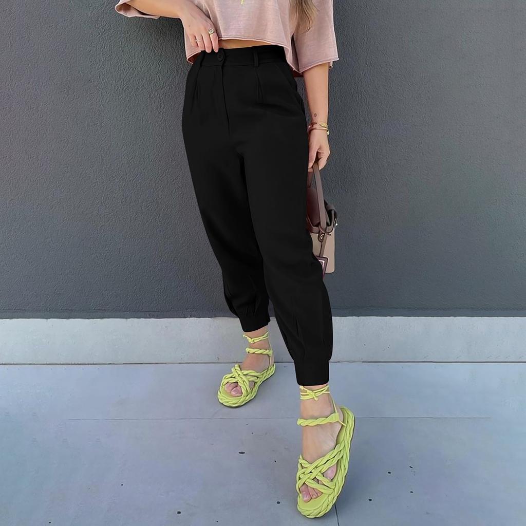 Women's Summer High Waisted Pants Casual Length Work Trouser Slacks With Pockets