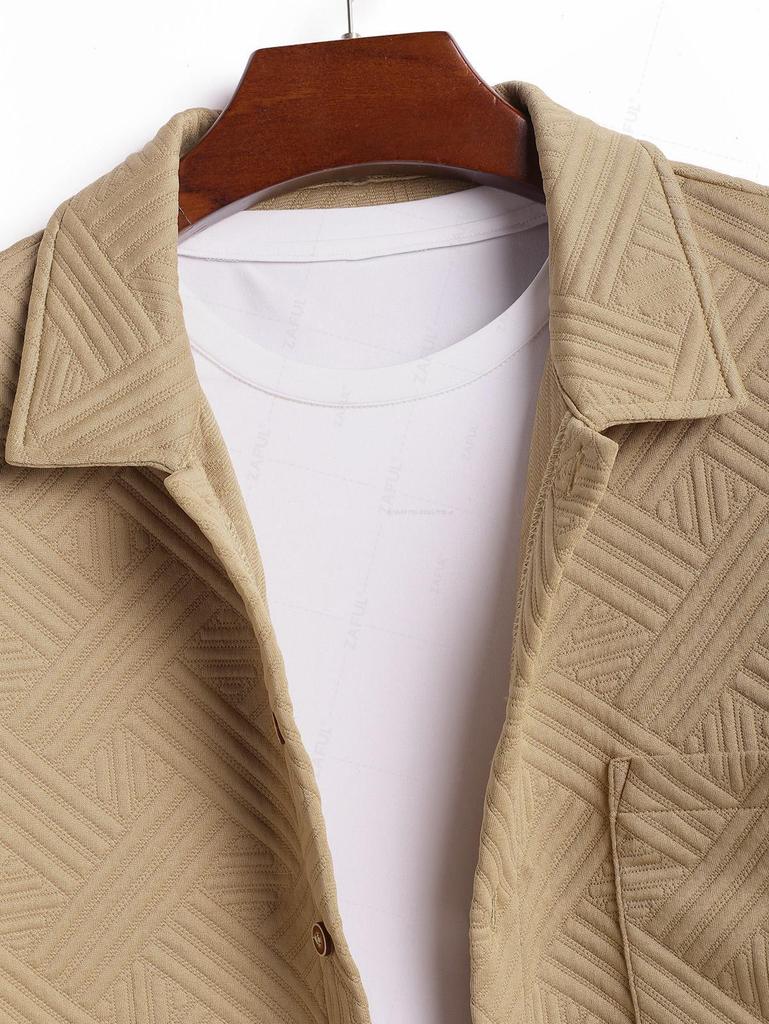 Men's Air Cotton Geometric Jacquard Textured Pocket Design Single-breasted Shacket
