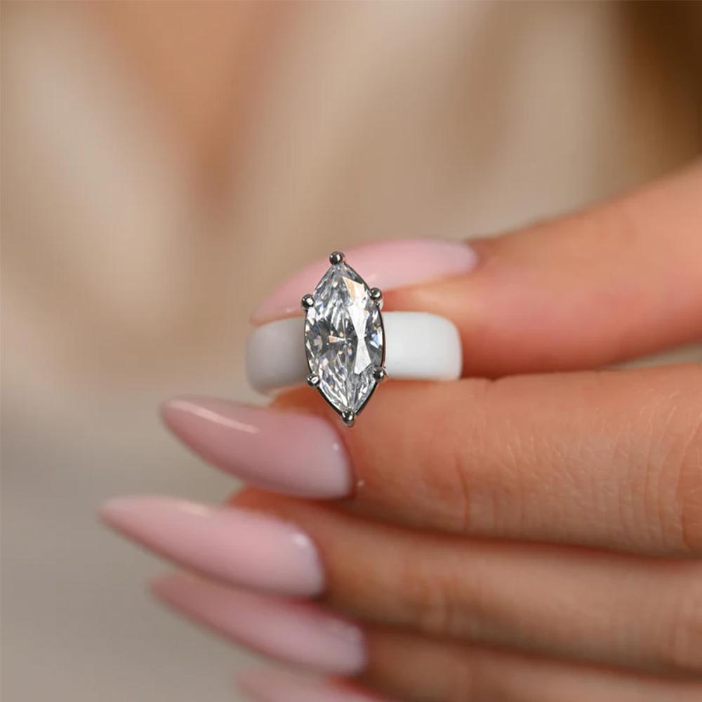 White Silicone CZ Ring for Women, Marquise Cut Cubic Zirconia with White Gold Prongs, Daily Wear Casual Fashion Jewelry Gift