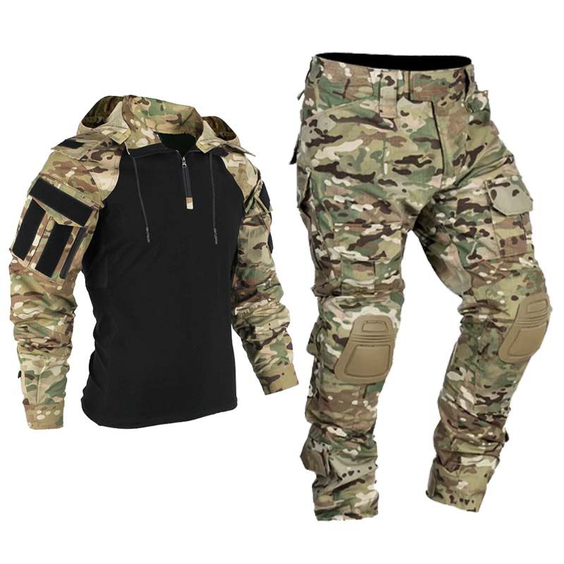 Paintball Tactical Suits Work Wear Uniform Multi Pockets Combat Camo Shirts Hooded Cargo Pants Knee Pads Hunting Clothes