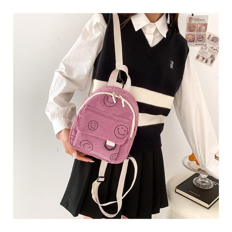 Smiley Face Cotton Backpack for Women, Soft Wavy Quilted Shoulder Bag with Handle, Street Style Casual Daypack