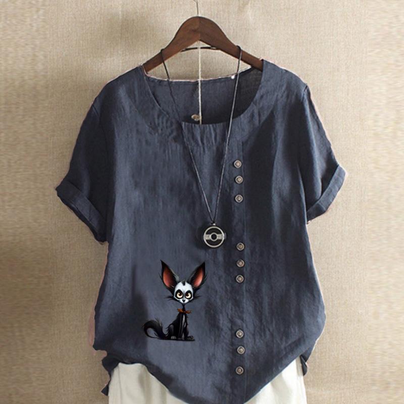 Women's Fashion Cute Fox Prined Short Sleeve T-shirt Loose Cotton Shirt Casual Loose Summer Blouse Tops Plus Size