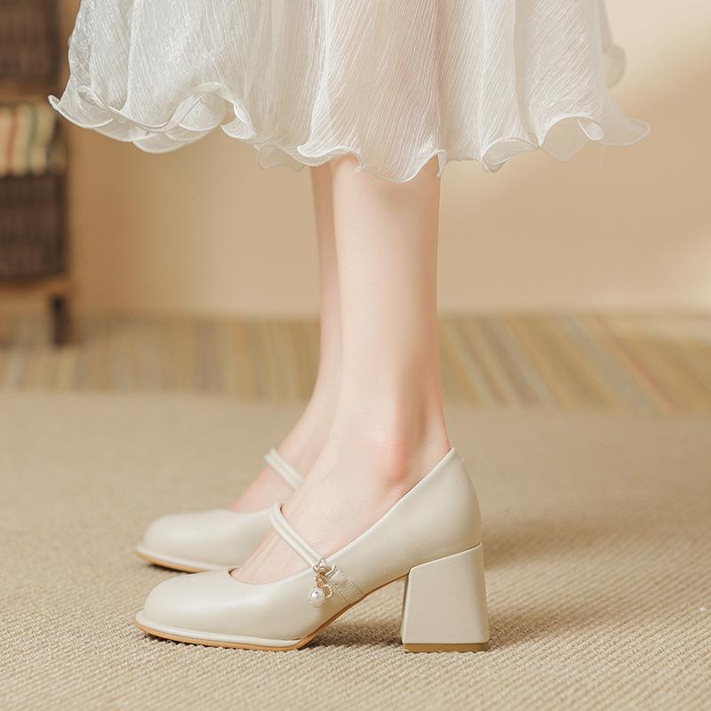 Cheongsam Shoes Mary Jane Single Shoes Female New Fairy Thick Heel High Heels Soft Leather, Gentle Bridesmaid Shoes