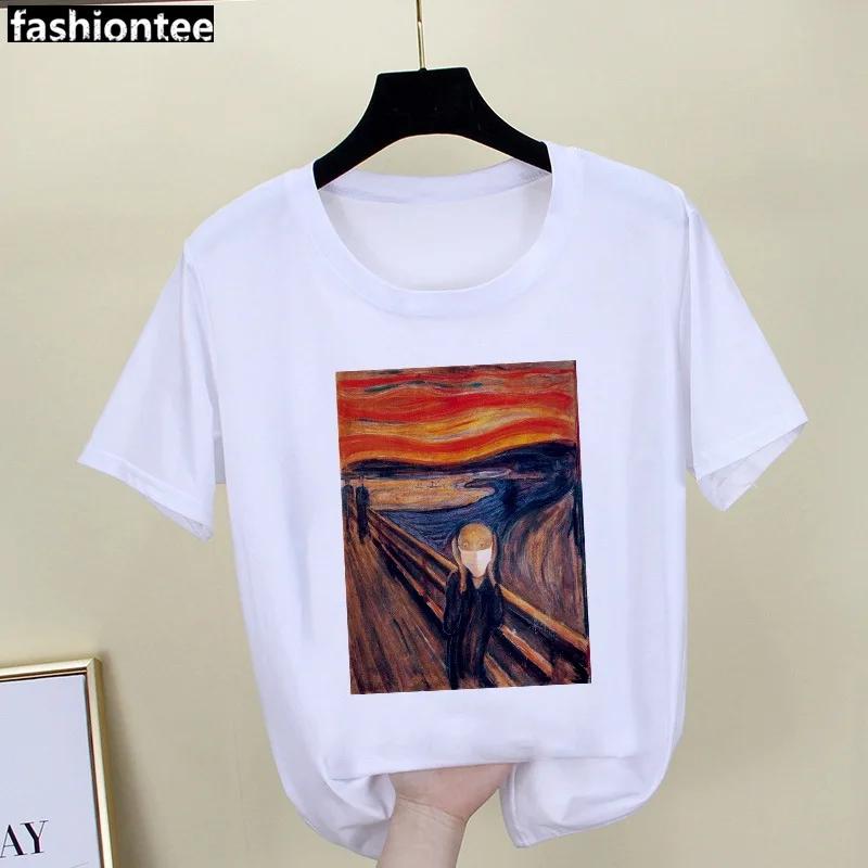 Parody Retro Oil Painting Print Ladies Simple Loose White Round Neck Short Sleeve T-shirt Women Clothing Graphic Tops Harajuku