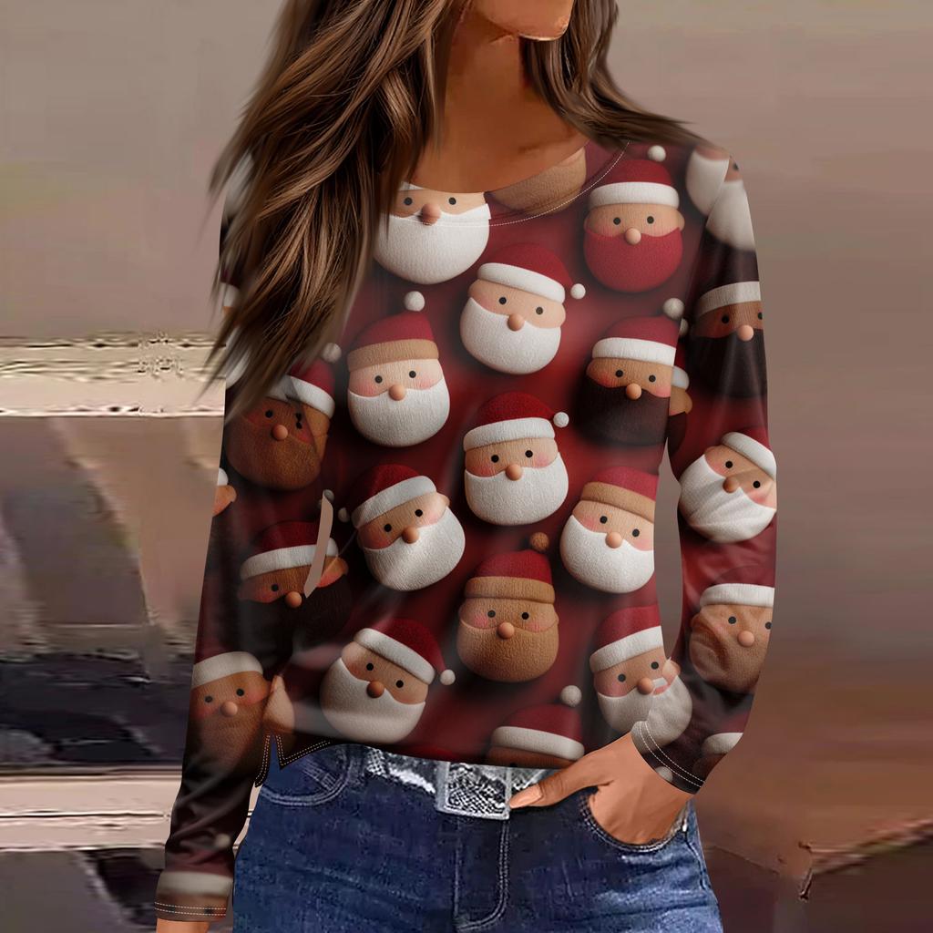 3D Santa Claus Head Printed Round Neck Long Sleeve T-shirt Fashion Casual Long Sleeve Top