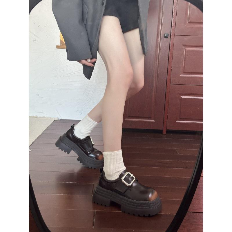 Platform British style square buckle small leather shoes women's versatile retro loafers round head commuter shoes