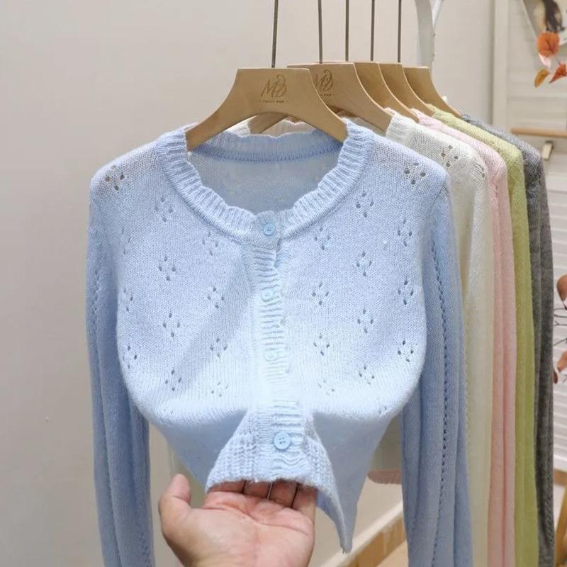 Design Sense Hollow Lace Knitted Cardigan for Women Retro Spring and Autumn Short Top