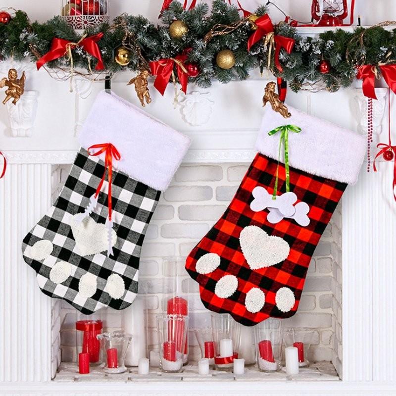 Adorable Red And Black Plaid Dog Paw Christmas Sock Ideal Holiday Gift Bag For Children