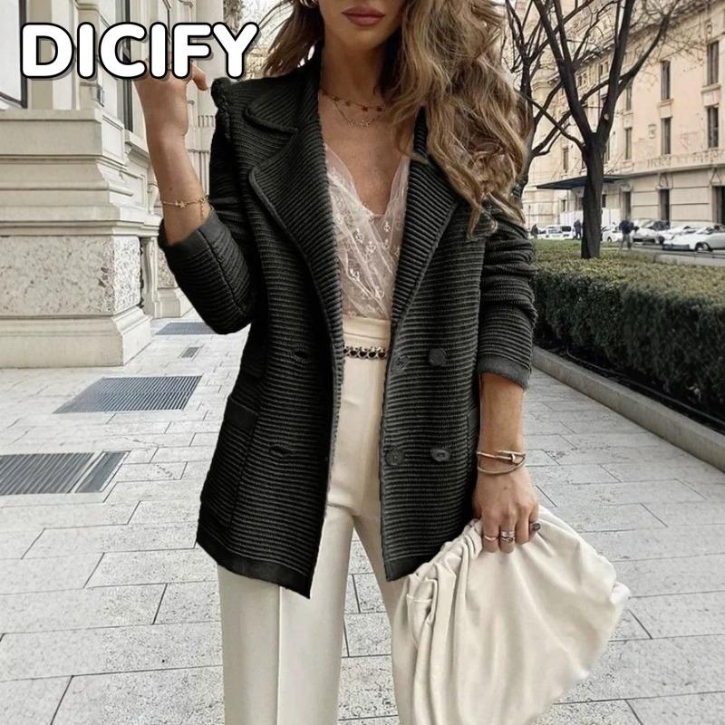 DICIFY Women's Vintage Casual Solid Color Print Autumn Winter Long Sleeve POLO Neck Jackets & Coats