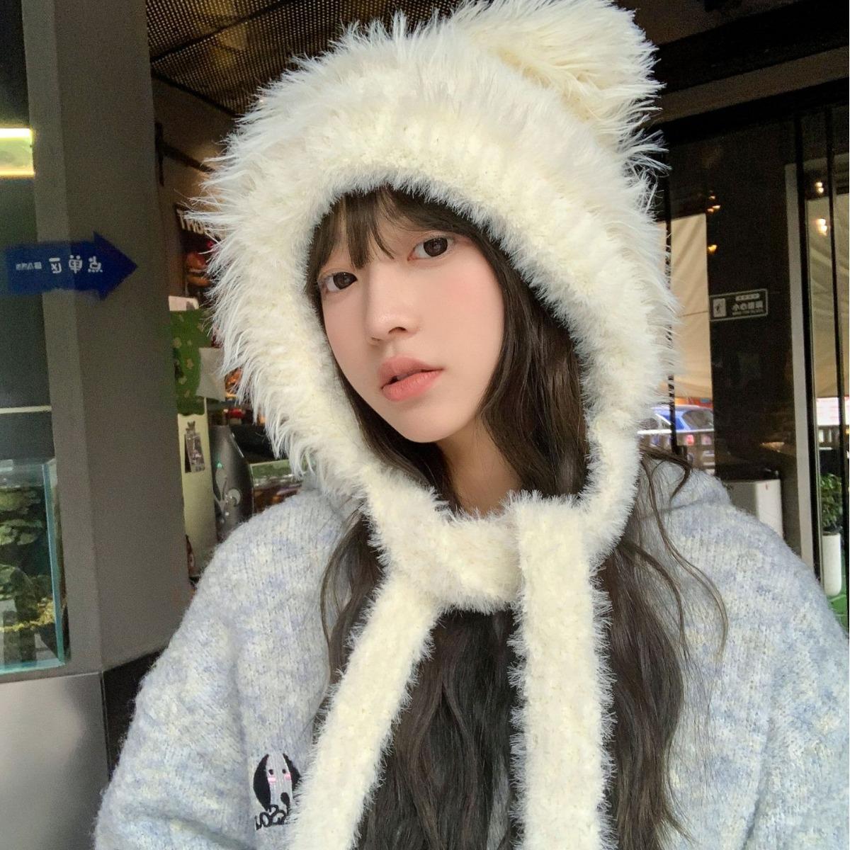 

New Korean Style Korean Bear Cute Plush Women s Knitted Hat Thickened Warm Cold proof Wool Hat Casual Hat one size