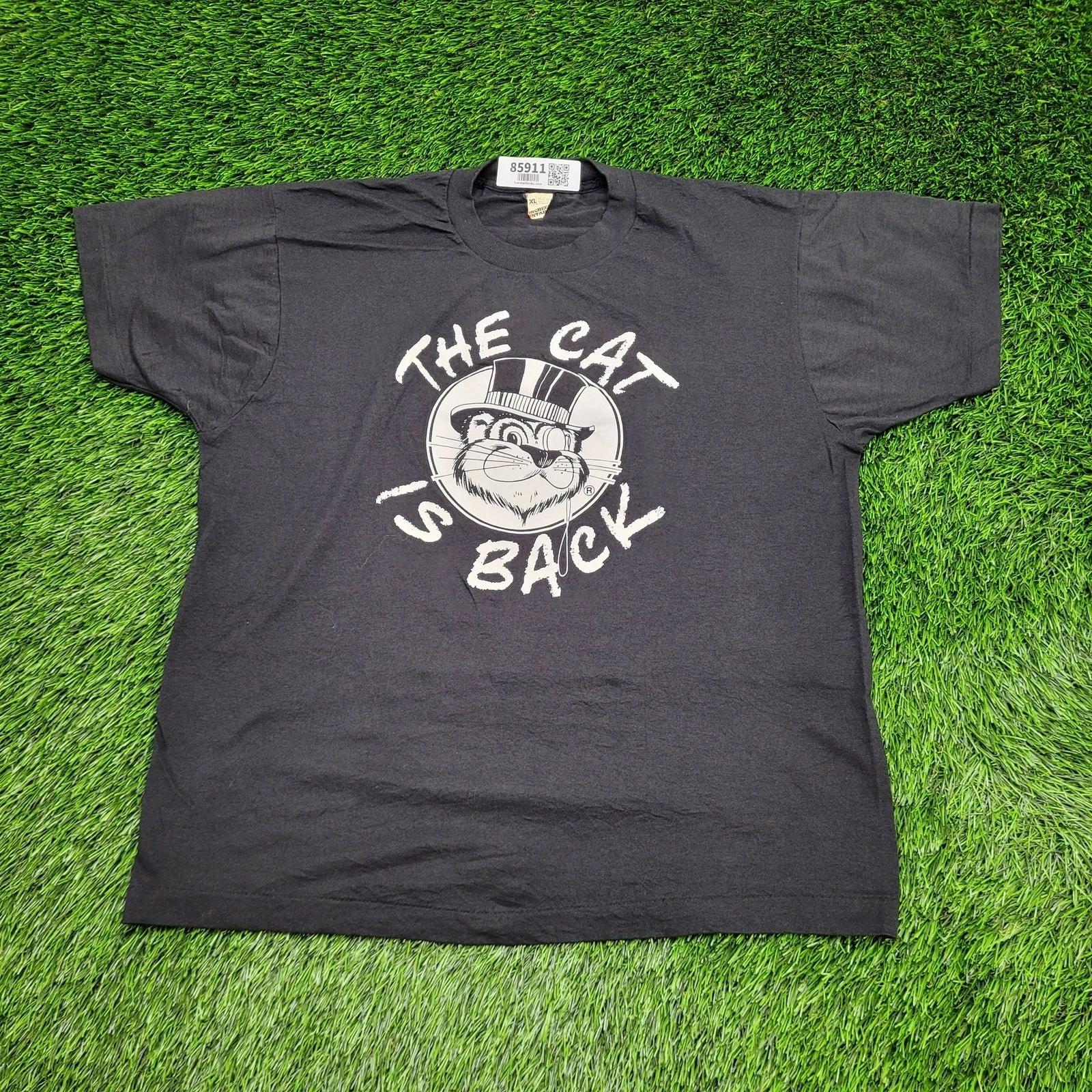 Vintage 90s Funny Cat Shirt L/XL 21x24 Black Russell Tuxedos The-Cat-is-Back S