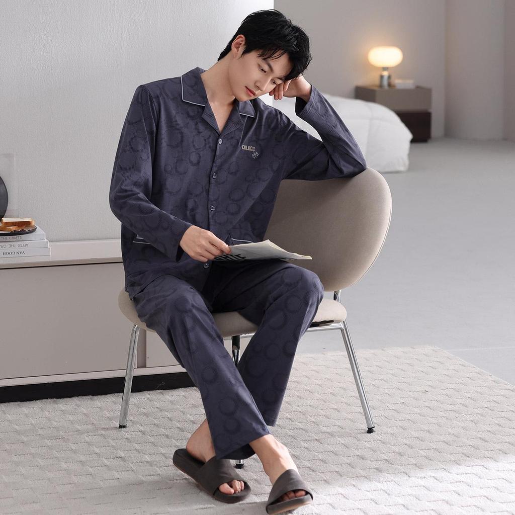 Men's Autumn Lycra Cotton Cardigan Pajama Set - Long Sleeve & Pants, Casual & Comfortable for Outdoors or Home