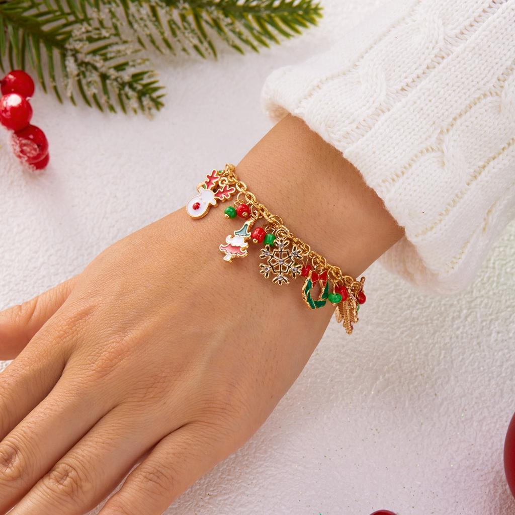 Christmas Snowflake Tree Deer Glove Gift Box Bulb Bracelet Santa Claus Snowman Crutch Bell Wreath Bangle For Women Men Jewelry