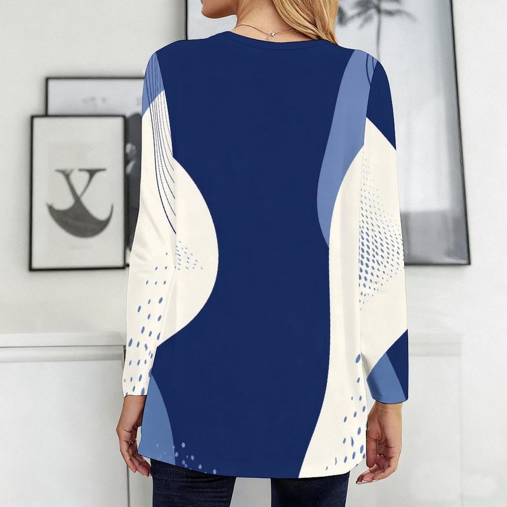 Women Plus Size Round Neck Long Sleeve Printed Blue White Loose Longline T Shirt With Pockets