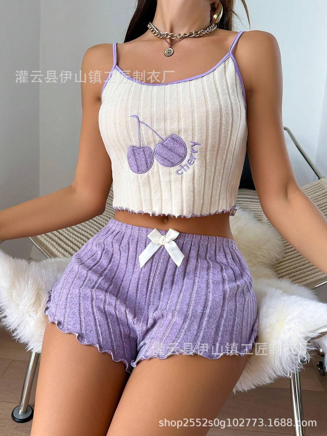 

Popular European and American style cherry women s polished sling vest shorts set loungewear S фиолетовый