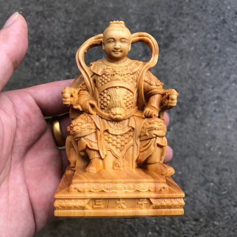 wood carving Marshal Nezha, Third Prince figurine Chinese mythological figures Home Room Office Wealth Luck Feng Shui Decor