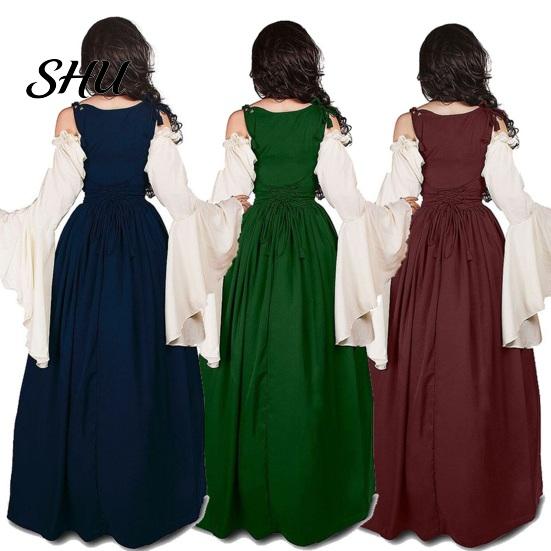Maxikleid 1 Set Damen Raffung Rand Quadratischer Ausschnitt Enge Taille Fließende Ärmel Vintage Schnürung Patchwork Renaissance Mittelalter Hof Treu Halloween