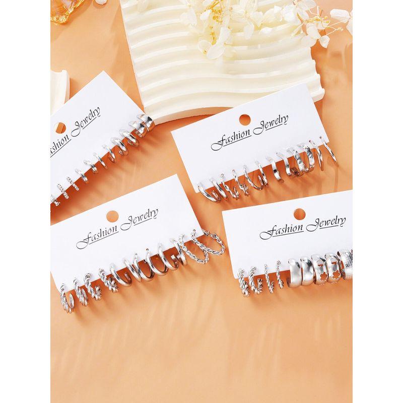 Hong Kong Style Trendy Silver Pigment Ring Earrings Niche High-Grade Ear Studs Women Light Luxury 24 Pairs Set Earrings Western Style