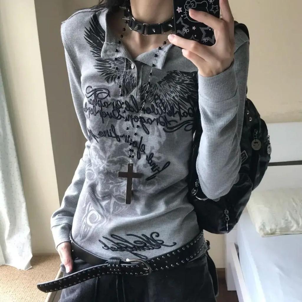 Kragen Y2k T-Shirts Damen Vintage Streetwear Amerikanisch Langarm Oberteil Grafik Basic Schmal Geschnitten T-Shirt Herbst