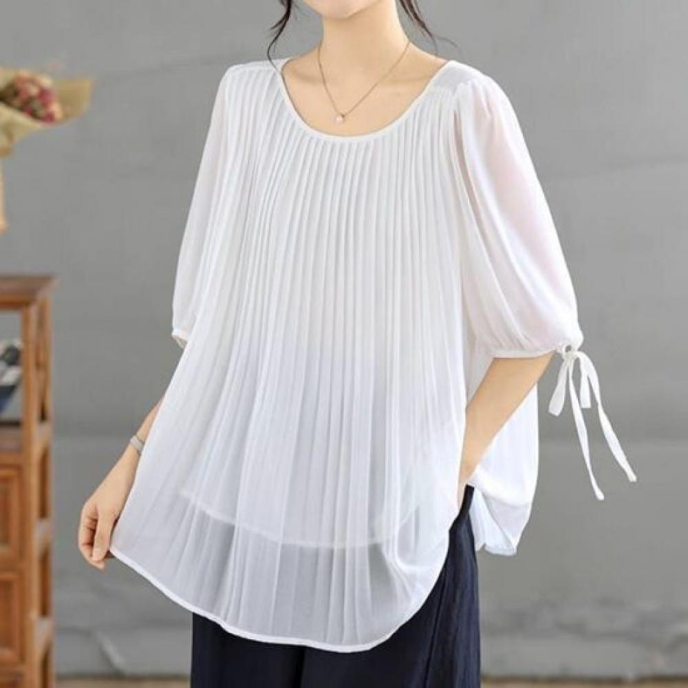 Navava Women Daily Loose Fit Shirring Ribbon 5 Sleeve Blouse Nb3173