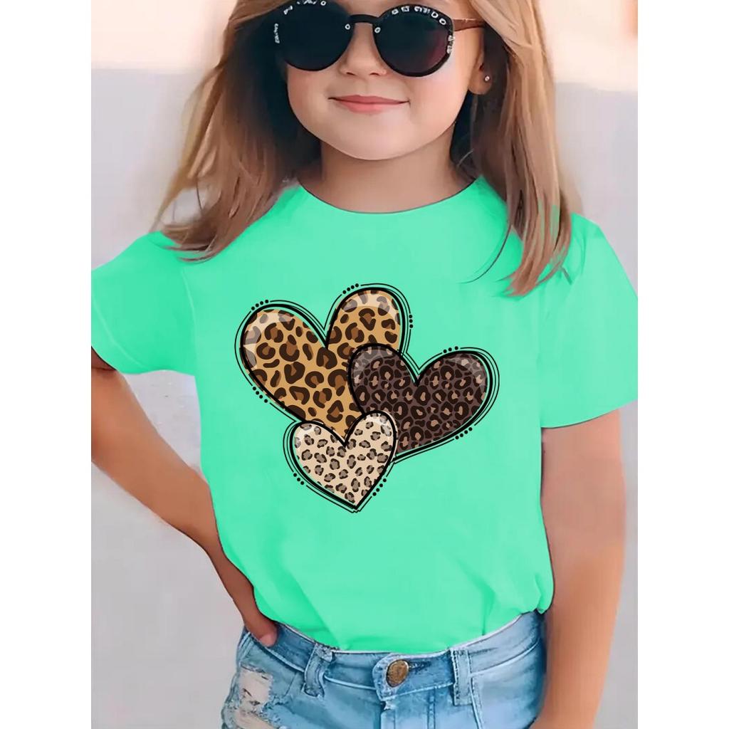 Dětské tričko s potiskem srdíček Leopardí láska Srdce Trendy Roztomilé Letní Top s kulatým výstřihem Módní Grafické tričko s krátkým rukávem Oblečení