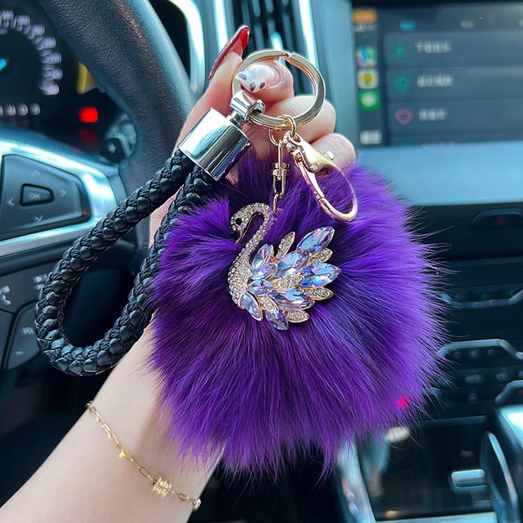 Crystal Swan Creative Fox Fur Car Keychain Exquisite Chic Keyring Bag Pendant